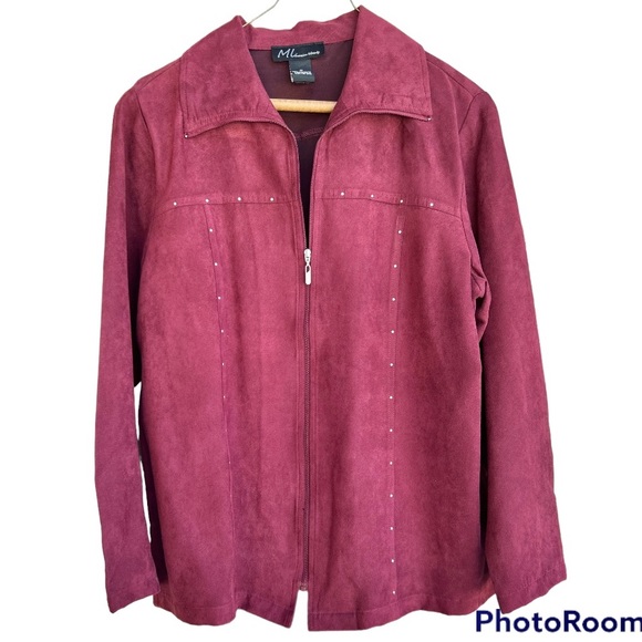 Maxim Liberty Burgundy Suede Feel Lightweight Zip Blazer Jacket Size Medium - Picture 3 of 7
